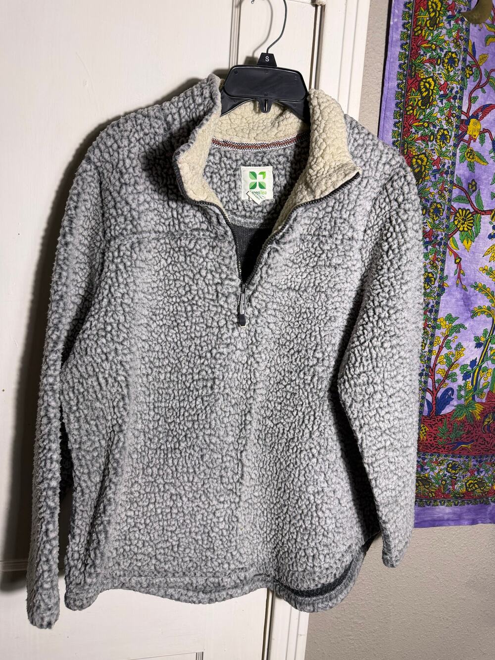 Green Tea XL Gray Sherpa Fleece Pullover Quarter Zip Teddy Cozy Outdoor